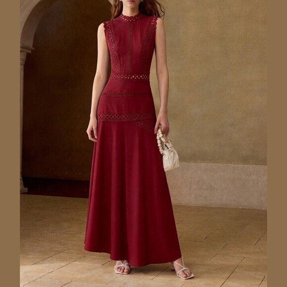 Dresses & Skirts - Burgundy Lace Trim Sleeveless Maxi Dress with Stand Collar